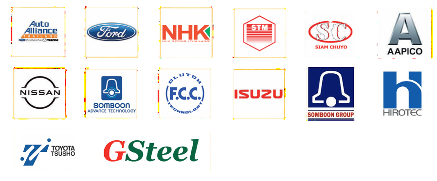 โลโก้ลูกค้า: Toyota Tsusho, Nissan, Isuzu, Ford, NHK, AAPICO, F.C.C., Hirotec, Somboon, GSteel, Siam Chuyo, Auto Alliance